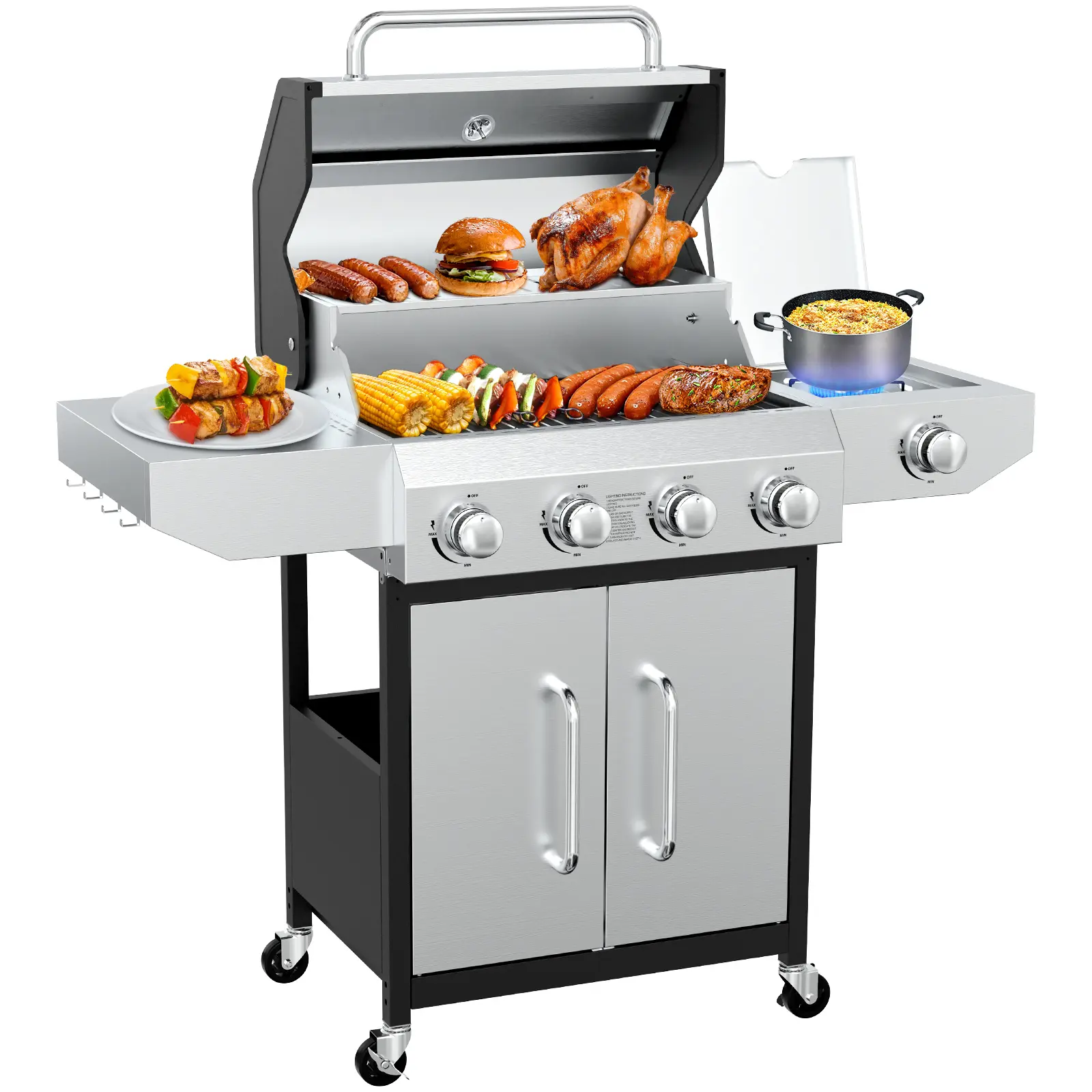 BESTFIRE 60K BTU 4+1 Burner Propane Grill – Large Stainless Steel BBQ with Porcelain Enameled Cast Iron Grates, Side Burner & Storage Cabinet, Patio Cart with Wheels for Backyard Parties & Outdoor Family Cooking