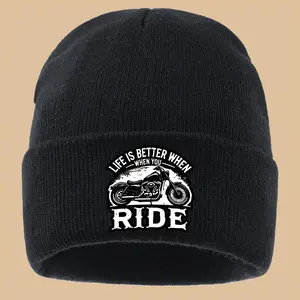 S&T 1 Piece Motorcycle Rider Knitted Hat - Black with Motorcycle Pattern and "Riding Makes Life Better" Slogan - Lightweight and Warm Winter Hat, Suitable for Motorcycle Enthusiasts, Riders, Truck Drivers - Unisex Casual Streetwear, Birthday/Holiday Gift,