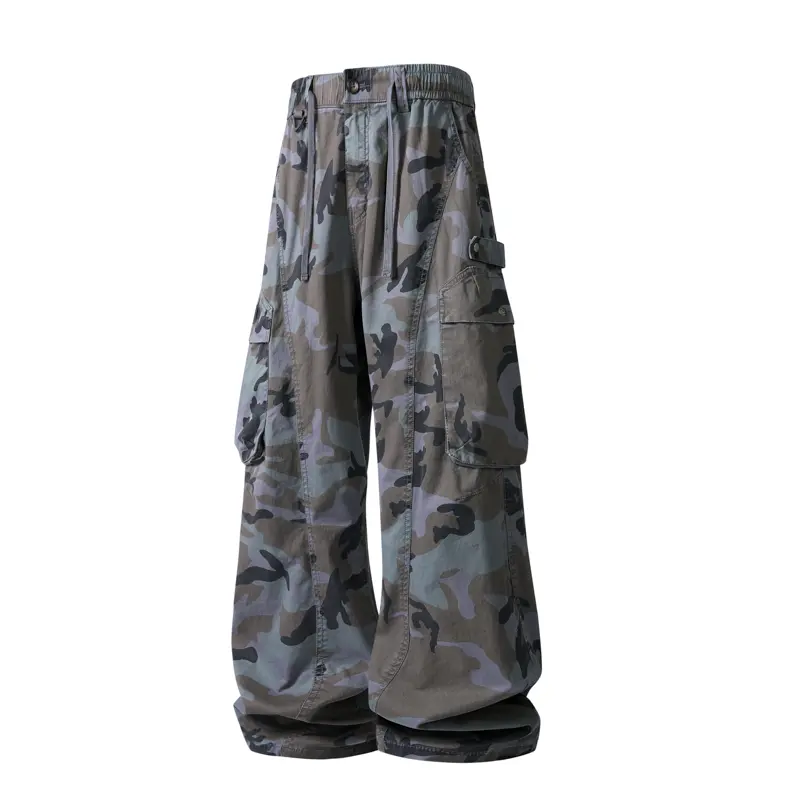 Men's 97% Cotton 3% Spandex Stretch Vintage Washed Distressed Camo Print   Big 3D Cargo Pockets Drawstring Waist Loose Banana Wide Leg Straight Outdoor Hiking Functional Wrinkle Resistant Daily Commute Versatile Floor-Length Casual Work Pants A-582