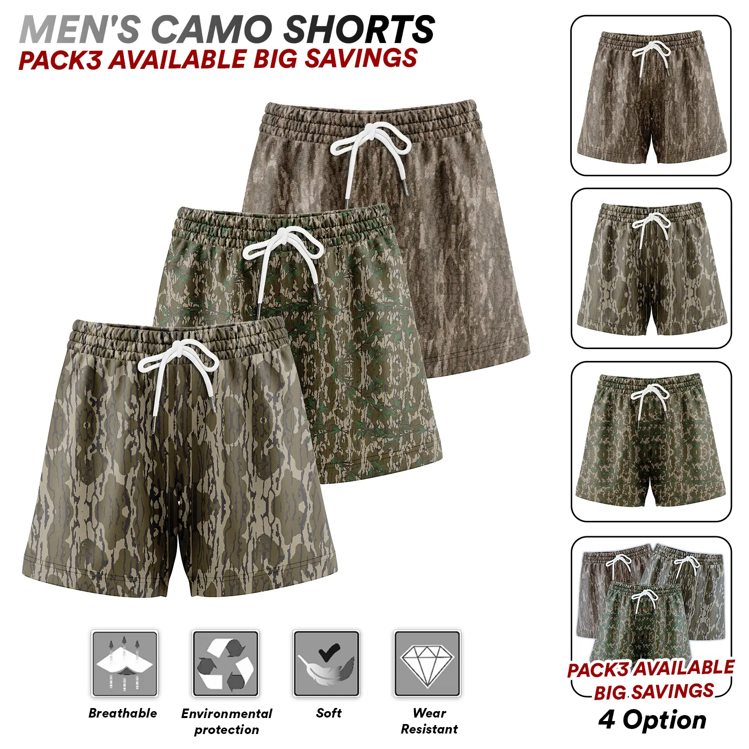 Men’s Hunting Camo Shorts - 5” Inseam, Quick Dry, Soft Activewear, Breathable Printed, Athletic Cut, Sporty - 1 Pack or 3 Pack Options, Athletic Cut Shorts, Breathable Printed Shorts