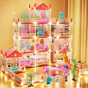 Large Multi Level Dream Castle Dollhouse Free DIY Assembly Playset With Led Lights Furniture Accessories And Doll Figures For Girls Pretend Play stem gift 3D Building