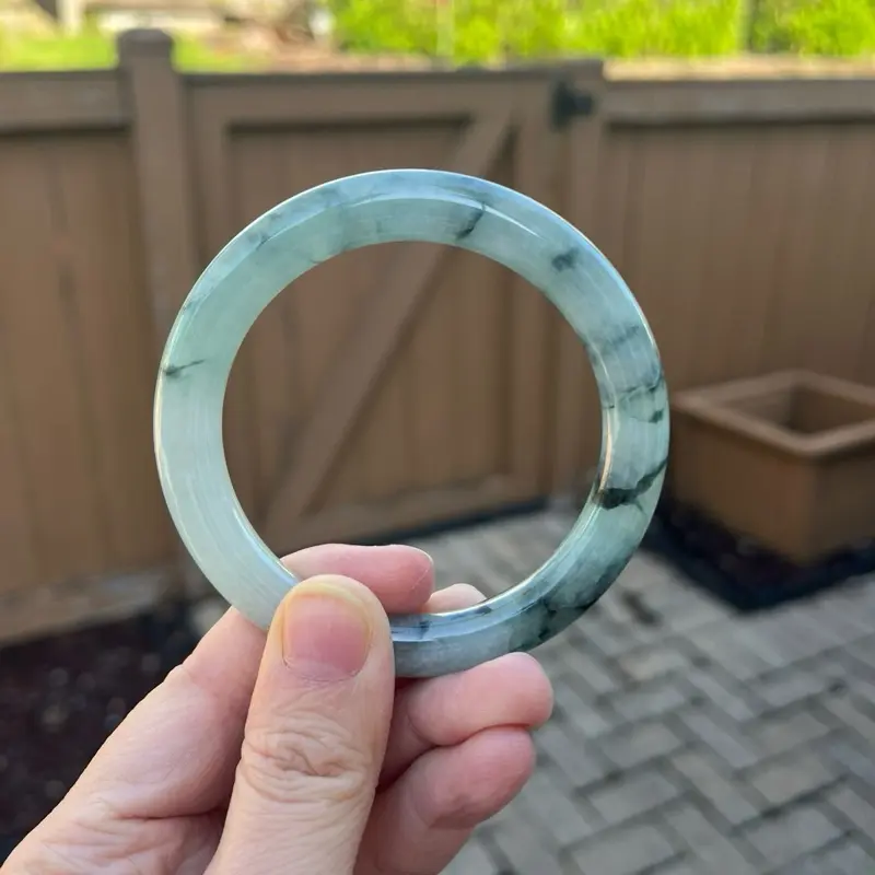 25037-RM Certified Untreated Grade A Jade Bracelet Round 54.8mm (Burmese Jadeite Bangle, Icy Blueish Green with Floral Pattern)