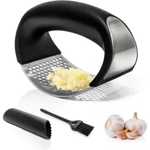 Garlic Press Rocker, Premium garlic presser, Stainless steel garlic mincer tool, cutter, crusher, kitchen gadget. Garlic mincer with peeler and brush.