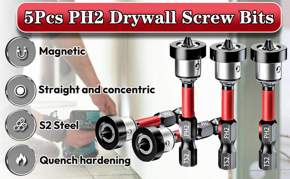 5pcs Drywall Bit Attachment with Depth Stop, PH2 Magnetic Drywall Screwdriver Bits for Countersinking Drywall Screws in Plasterboard, 1/4 Inch Hex Shank Plasterboard Bit