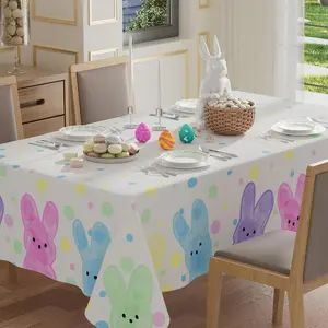 Colorful Dots Cute Bunny Watercolor Rabbits Easter Tablecloth Round Rectangle Table Cloth Washable Table Covers for Indoor Dining Home Party Decorations