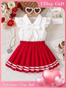 Girl's Valentine's Day set, Girl's skirt set, Girl's white shirt+red pleated skirt two-piece set, big bow+ruffle sleeves+striped skirt, Girl's birthday gift, suitable for birthday parties, family dinners, holiday outfits, Skirts Sets