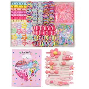 L-HDW055 889 pcs Elastic Hair Bands for Girls Hair Accessories Ponytail Holders Colorful Rubber Bands Set with 14 pcs Cute Hair Clip