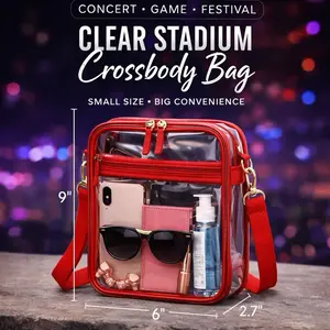 Clear Stadium Crossbody Bag - Small Size Big Convenience for Concert Game Festival - 9"x6"x2.7" Transparent Design with Red Trim