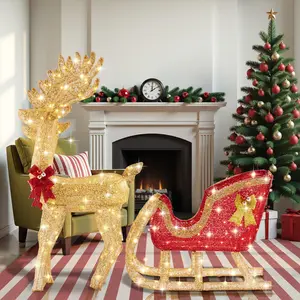 Christmas Reindeer with Sled Decoration, Outdoor Indoor Holiday Deer Pulling Carts with 180 Warm LED Lights, Weather-Resistant Metal Frame Yard Garden Porch Display