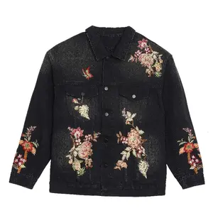 TCH - Trendy Brand | Hotfix Rhinestones | Floral | Turn-down Collar Casual | Black | Distressed | Loose Fit Denim Jacket