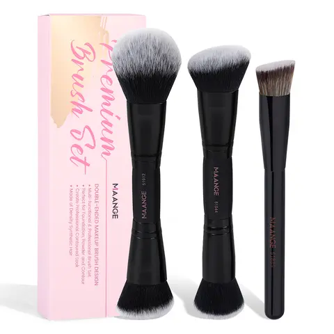 MAANGE 3 Counts Dual-ended Makeup Brushes Set Foundation Powder Blush Brush Contour Brush Makeup Beauty Tool Kit