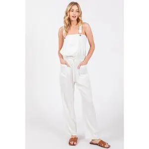 Women's Casual 100% Rayon Drawstring Overalls - White, Basic Style, True to Size Fit, Minimal Stretch