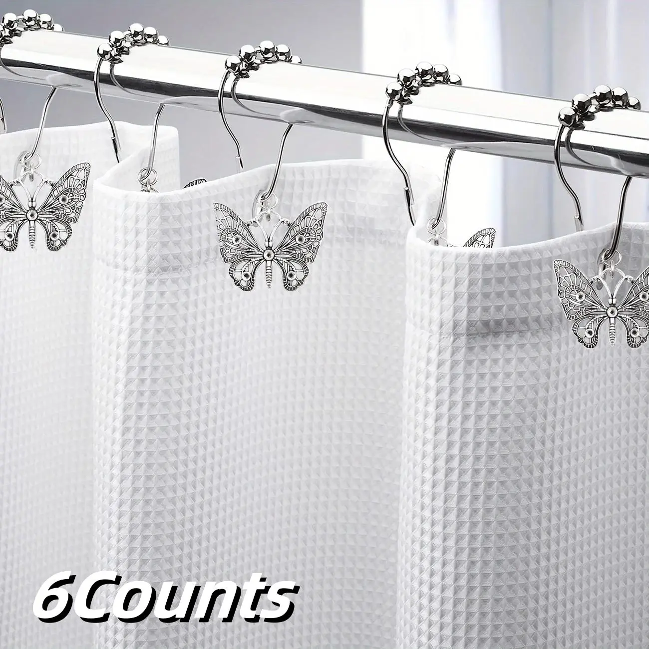 Butterfly Decorative Shower Curtain Hooks Rust Proof, Home Restroom Bathroom Decor Accessory, Rust-Resistant Metal Rings, Set of 6, Durable and Stylish, Home Restroom Bathroom Accessories