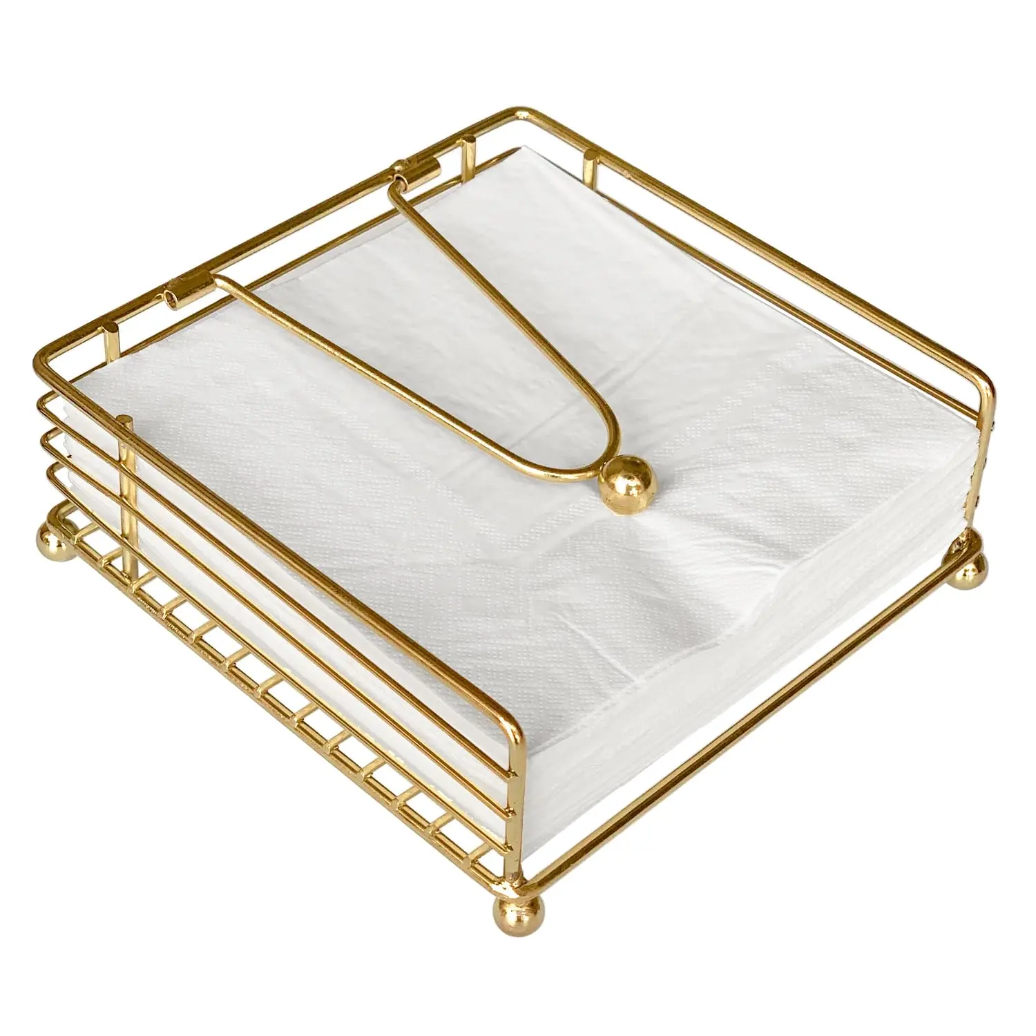 Napkin Holder for Table, Flat Napkin Dispenser with Weighted Arm, Square Cocktail Paper Holder of Elegant Rustic Iron for Kitchen Dining Room Decor Restaurant Farmhouse Hotel Party, Gold
