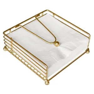 Napkin Holder for Table, Flat Napkin Dispenser with Weighted Arm, Square Cocktail Paper Holder of Elegant Rustic Iron for Kitchen Dining Room Decor Restaurant Farmhouse Hotel Party, Gold