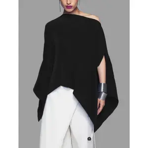 Women's Solid Color Batwing Sleeve Asymmetrical Hem Tee, Casual Long Sleeve Shoulder Pad Top for Fall & Winter, Women's Clothing for Daily Wear