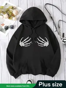 【Plus Size】 Thermal Lined Skeleton Hand Print Drop Shoulder Drawstring Hoodie, Fashion Casual Pocket Hooded Sweatshirt for Daily Outdoor Wear, Women Clothing for Fall & Winter