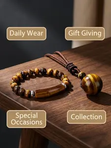 Elegant Natural Stone Jewelry Set, 2-Piece Round Tiger Eye Necklace & Bracelet, Adjustable Woven Cord Pendant, Ideal Gift for Couples
