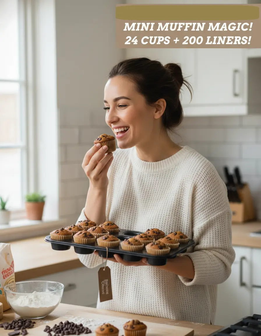 24-Hole Nonstick Carbon Steel Mini Muffin Tin with 200 Natural Cupcake Liners, Kitchen Bakeware for Birthday Treats