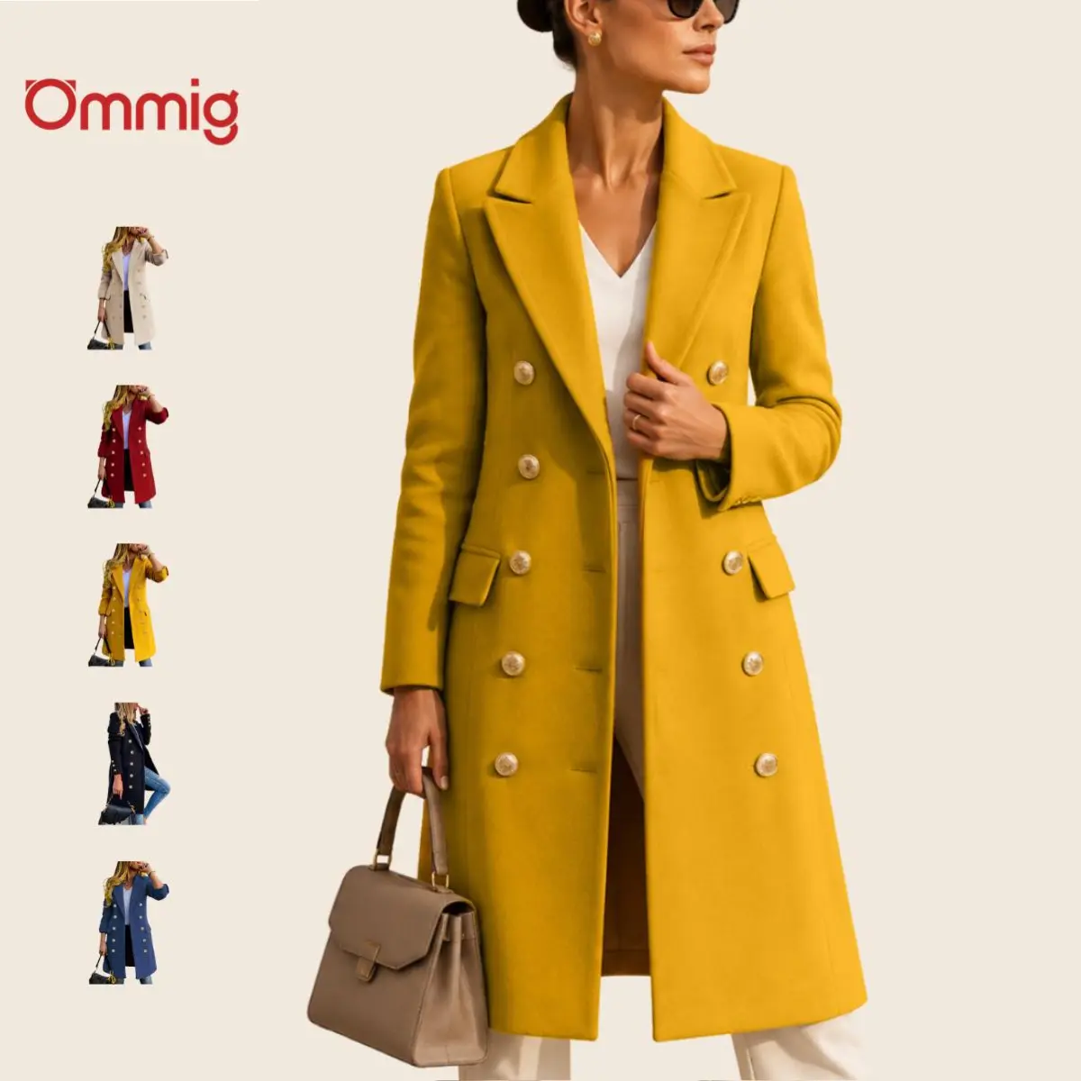 Ommig Women's Wool Blend Peacoat - Women's Fashion Jackets, Chic Street Style, Long Knee-Length Slim Minimalist Midi Outerwear for Fall Winter, Solid Colors, Collar Double Breasted Design