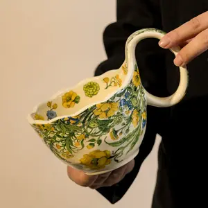 Ceramic Mug with Curved Handle and Spoon, Breakfast Cup, Oatmeal Bowl, Heated Milk Cup, Blossom-like Coffee Cup with Saucer