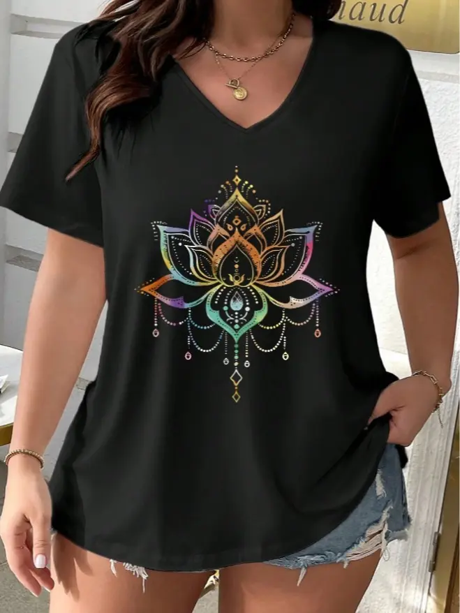 Women Soft Cotton V‑Neck T‑Shirt Colorful Mandala Lotus Boho Spiritual Print Casual Short Sleeve Graphic Tee