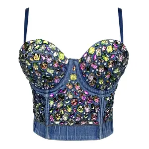 Tank Tops Sexy Club Denim Handmade Stitched Acrylic Drill Colorful High Quality Fishbone Summer Rave Outfits Women Shaper Camisole Ladies Sling Wedding Party Blind Date Stage Party Shaper Ladies Vest Camis Corset Clothes Camiseta Mujer Crop Top