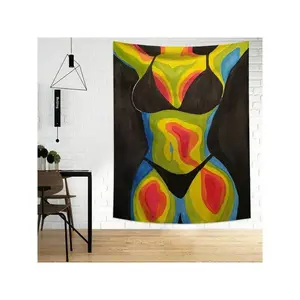 1pc Abstract Woman Portrait Tapestry, Polyester, Wall Decor For Living Room, Bedroom, Office, Home, Party, Rectangular Wall Hanging With Fringe, Includes 3 Wall Nails And 2 Clips Geometric Multicolor