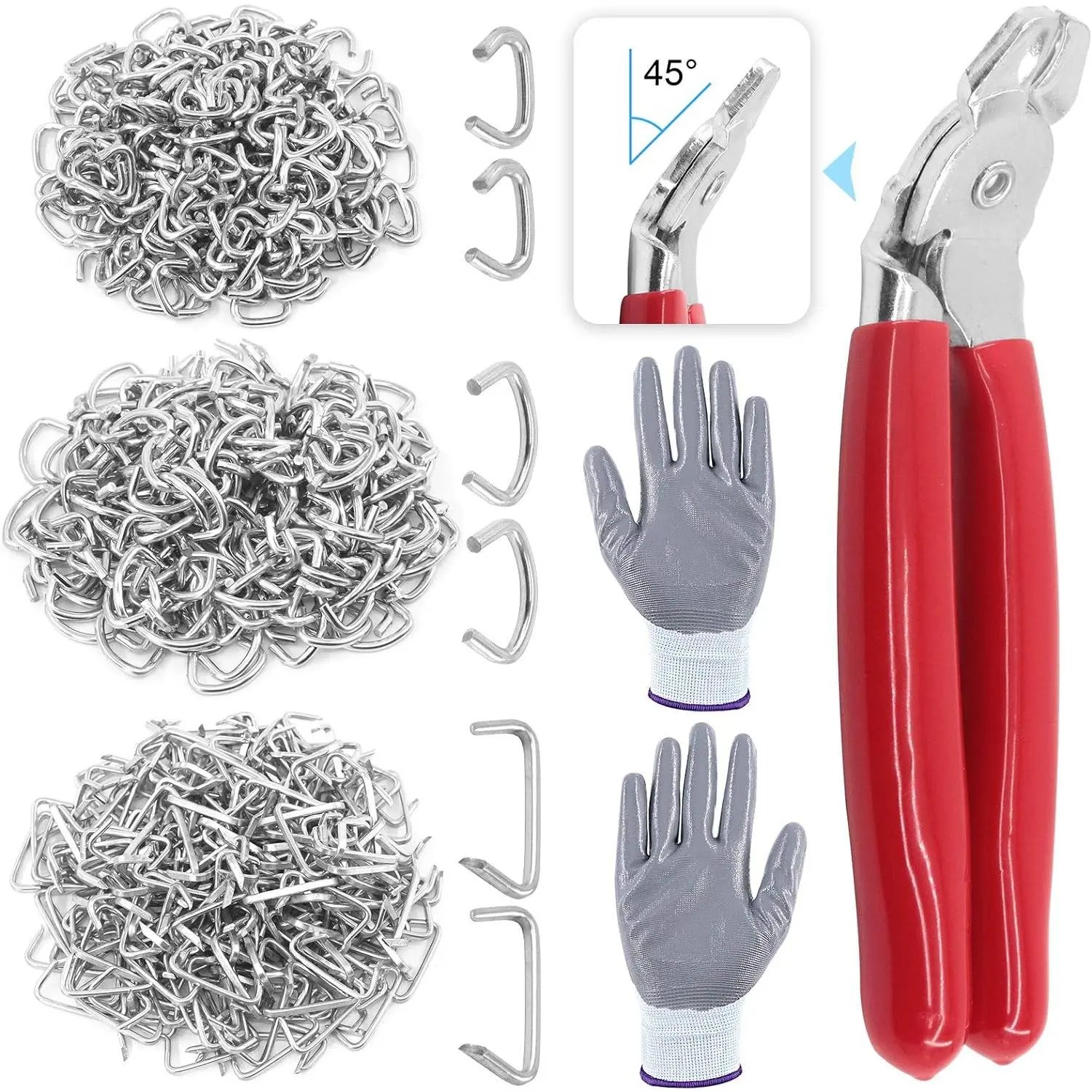 362 count Hog Ring Pliers with Hog Rings Kit, 360 count 1/2'' 3/4'' 3/8'' Steel Hog Rings with Angled Hog Ring Pliers and Anti- Gloves for Upholstery, Fencing, DIY Craft, Furniture and more