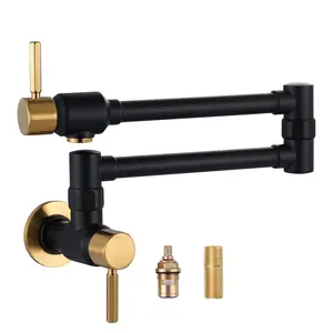 WOWOW Black and Gold Solid Brass Wall Mount Pot Filler Faucet - Heavy-Duty, Double Joint Swing Arms, Double Shut Off, Vintage Glam, Water-Saving Over Stove Kitchen Tap