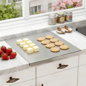 L-Shaped Stainless Steel Chopping Board for Kitchen, 15×11×0.06in Lip, Non-Slip, Dishwasher Safe, Double-Sided for Meat & Fruits, Knife-Compatible, Knives