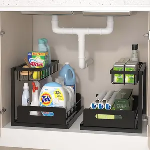 2 Pack Steel Under Sink Pull-Out Organizer Shelf with Sliding Drawer, Stable 14.2*10.6*11 in Kitchen Bathroom Storage Shelf (50 lbs Capacity) with Tapes for Home Pantry Spice Organization