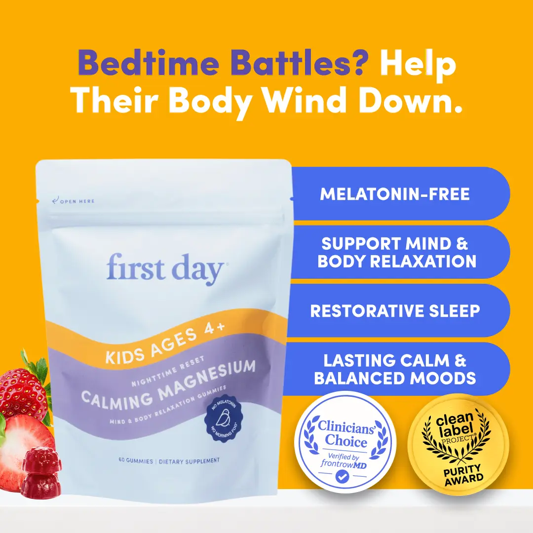 First Day Kids Calming Magnesium Gummies Ages 4-12, Natural Strawberry Flavor — Magnesium Citrate, Suntheanine — Calm, Relaxation, Restful Sleep, Stress Relief — No Melatonin, 30-Day Supply, Vegan, Non-GMO, No Junk