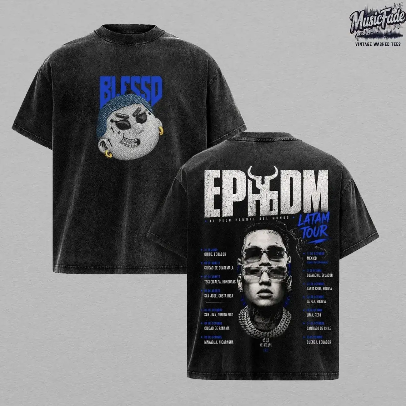Blessd E.P.H.D.M. LATAM Tour Vintage Washed Oversized T-Shirt, El Peor Hombre Del Mundo Double Sided Graphic Tee, Heavyweight Cotton Latin Trap Reggaeton Streetwear Shirt, Concert Tour Merch Unisex Fan Gift 73R