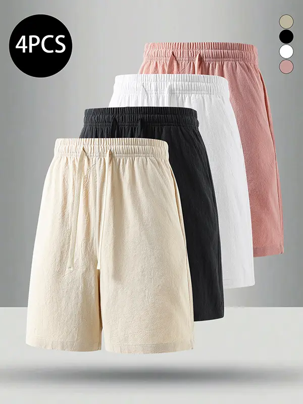 Men's 3-Pack Summer Cotton Shorts, 100% Cotton Ruched Mid-Thigh, Lightweight Breathable Menswear for Home Wear & Fitness, Multi-Color Options for Easy Styling