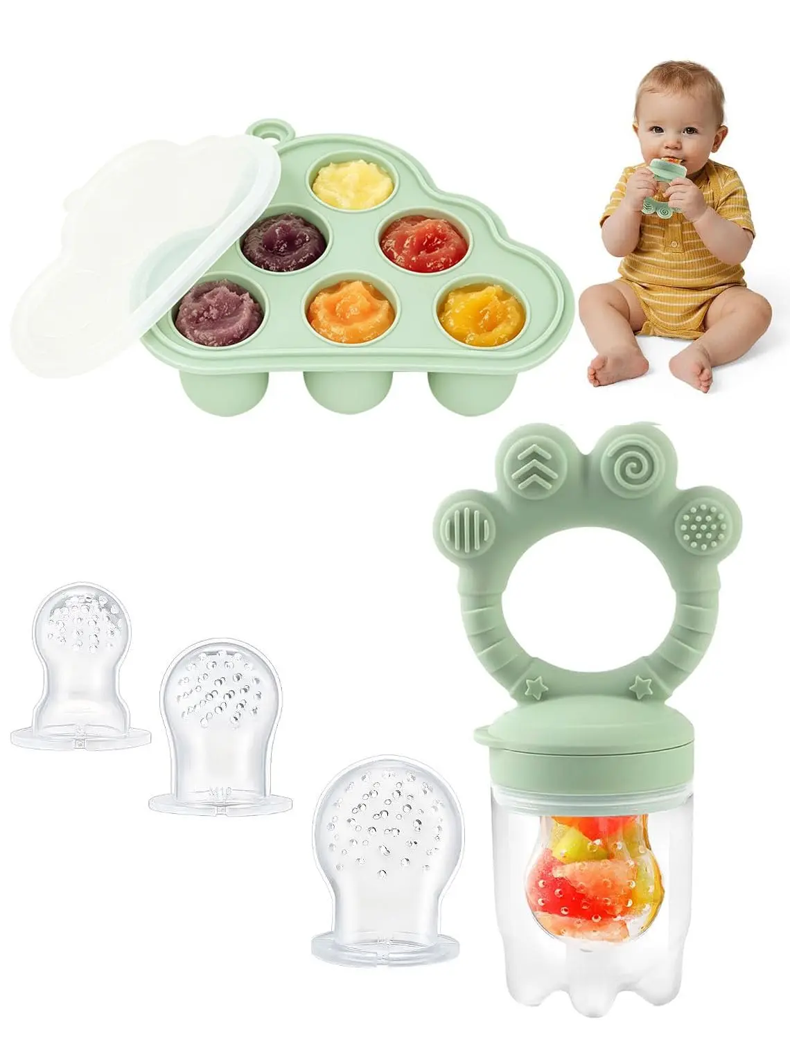 Halloween Gift  Baby Fruit Feeder Teether 4M+ | Breastmilk Popsicle Teething Toy & Fresh Food Feeder | Self-Feeding Silicone Teether with Freezer Tray & Extra Food Pouches | BPA-Free