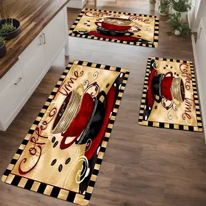 Resilient Kitchen Rug Set | Coffee Time Style, Non-Slip, Soft & Comfortable, Easy to Clean, Suitable for Bathrooms, Door Mats, Bedrooms, Living Rooms, Porches, RV Decor, Polyester Rug