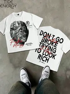 Men's Hip Hop Street Style T-Shirt, Round Neck Oversized Top with 'fake Money' Skull and 'don't Go Broke' Print, Casual Cotton Short Sleeve, Streetwear Graphics