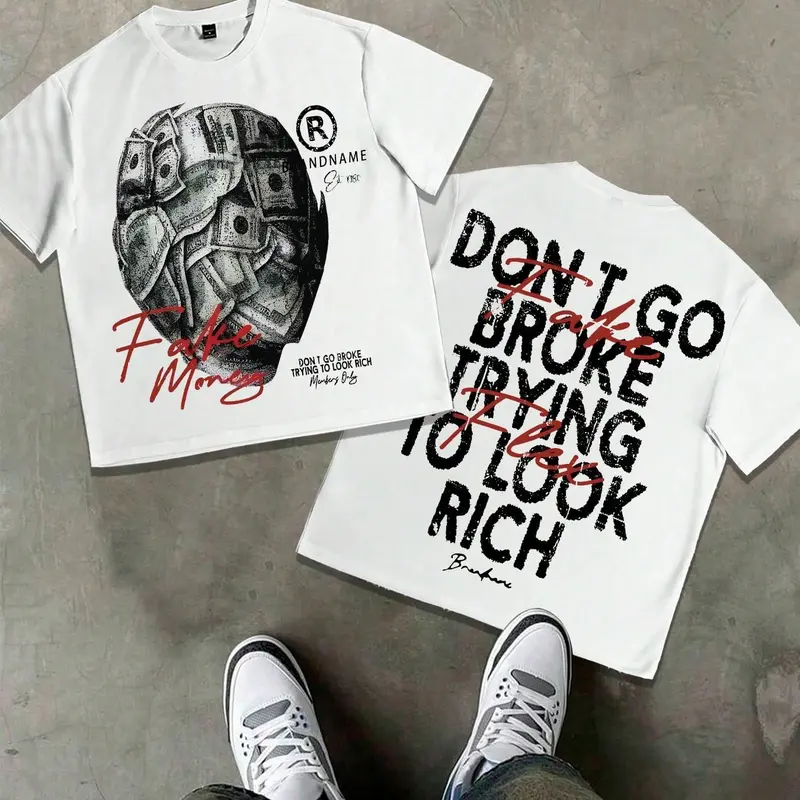 Men's Hip-Hop Street Style T-Shirt, Oversized Top with 'fake Money' Skull and 'don't Go Broke' Print, Casual Short Sleeve