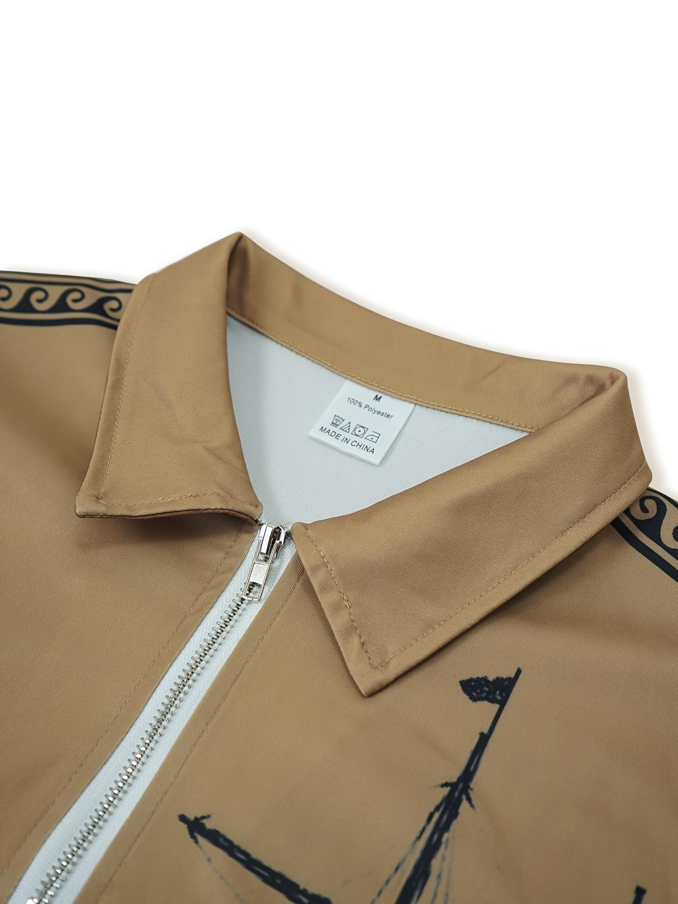 Autumn and winter vintage style sailboat print men's casual and comfortable long sleeved polo shirt Streetwear Collared Menswear