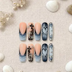 Divineluxe Nails｜10PCS 100% Handmade Press-On Nails｜Reusable Colorful Art Acrylic Stylish｜Grunge Blue Ombre & Cross｜D188 1.3 Inch