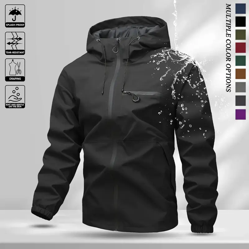 Men’s waterproof windproof hooded jacket, a functional outdoor sports outerwear piece equipped with a zippered chest pocket, drawstring hood, and elastic cuffs at the sleeves, suitable for everyday commuting and various outdoor activities.