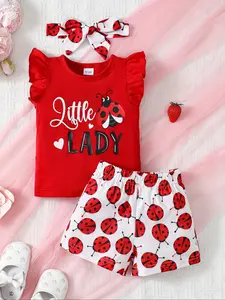 Baby Girl's Ladybug Print Short Sleeve Tee & Shorts & Headband Set, Cute Casual Letter Printed T-shirt & Shorts & Hair Band, Infant Toddler Kids Summer Outfits