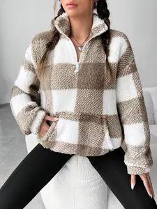 Women's Plaid Print Fleece Sweatshirt, Half Zip Design Drop Shoulder, Casual Long Sleeve Stand Collar Pullover, Fall Winter Season