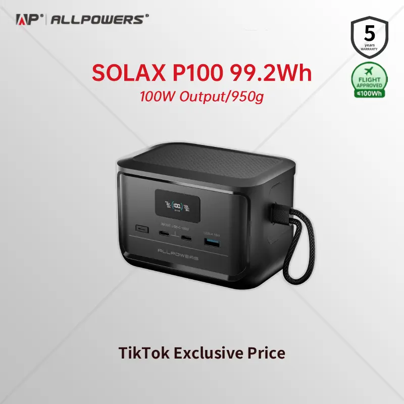 ALLPOWERS SOLAX P100 Portable Power Station,Full Charge in 1.5 hour, 31000mAh LiFePO4 Battery, 100W USB-C Output Smartphone,Laptop,Camera,Drone power station
