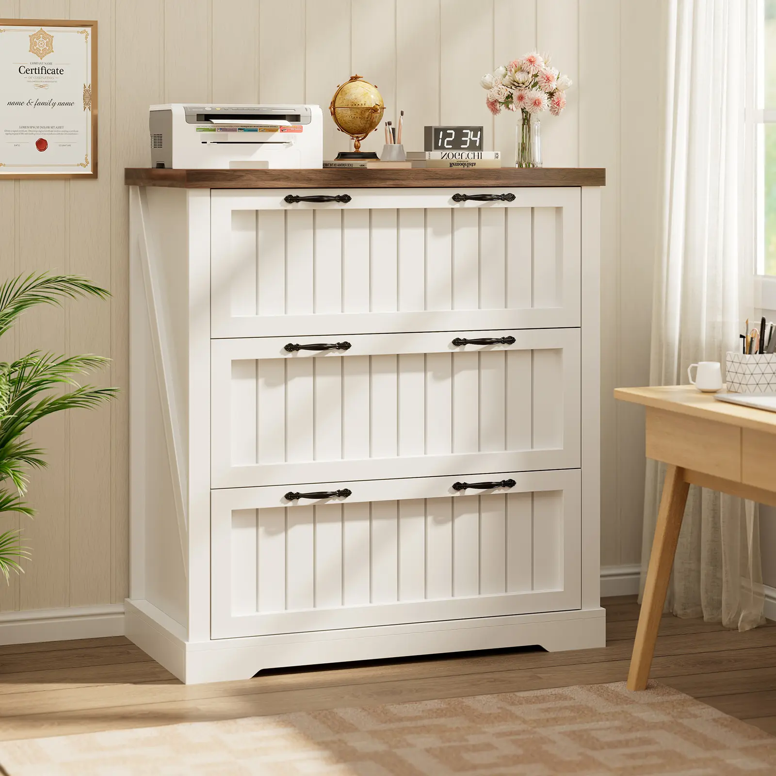 Sedeta 3-Drawer Lateral File Cabinet, Farmhouse Wooden Construction Office Furniture with Printer Stand, Letter/Legal/A4 Size Storage for Home Office, Study Room, Storage Drawer Platform, Wood Drawers