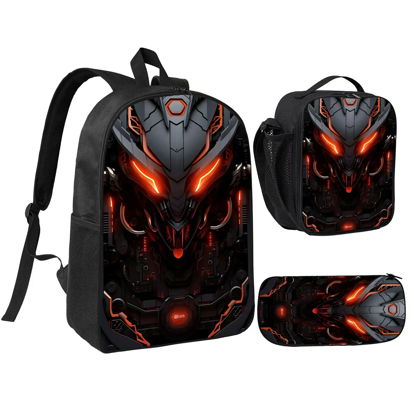 Kids' 3-Piece Printed (Non-Textured) Bag Set - Backpack, Shoulder Bag, Pouch with Cyberpunk Mech Face Design, Black-Gray with Orange-Red Glow Accents, Ideal for Tech Enthusiasts for Daily Commute, Office Use mochilas para niñas school bag kids backpack