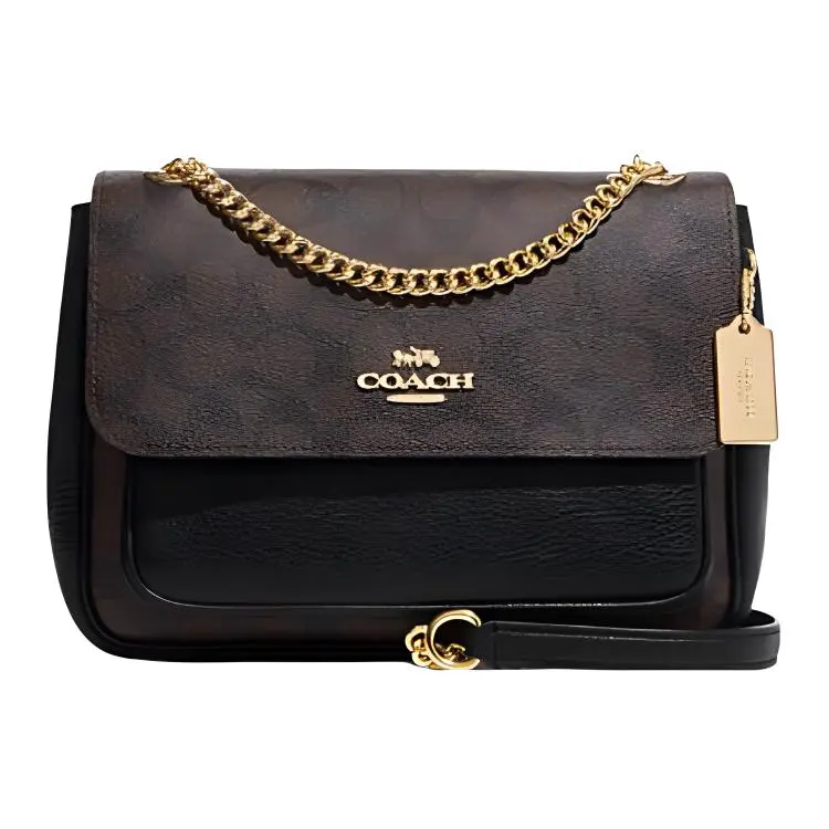 COACH Klare 25 Classic Monogram Snap-Flap Tote Bag for Women, Leather and Faux-Leather Blend, Medium Size, Deep Brown