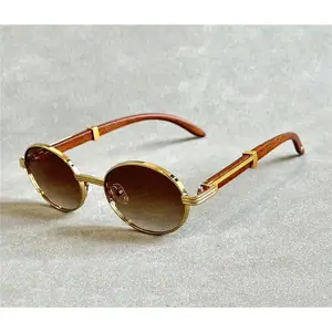 Oval Sunglasses Women 2025 Trendy Designer Wooden Glasses with Vintage Lenses, Honey Lenses, and Stylish Wooden Print Frames