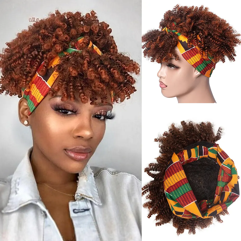 Short Curly Scarf Wig, Synthetic Afro Fluffy Curly, Headband Integrated 8-Inch High Elastic Curly Wrap Wig for Women